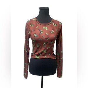 J for Justify Green Butterfly Print Brown Blouse M GUC